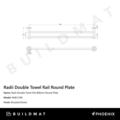 Radii Double Towel Rail 800mm Round Plate Brushed Nickel