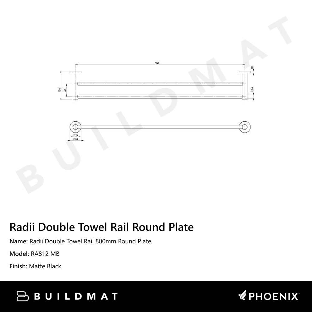 Radii Double Towel Rail 800mm Round Plate Matte Black