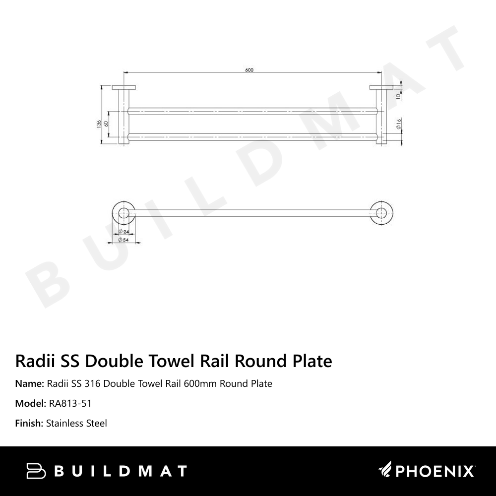 Radii SS 316 Double Towel Rail Round Plate 600mm  Stainless Steel