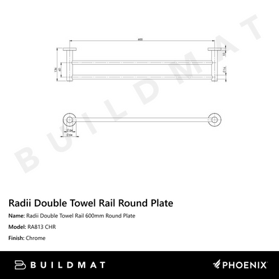 Radii Double Towel Rail 600mm Round Plate Chrome