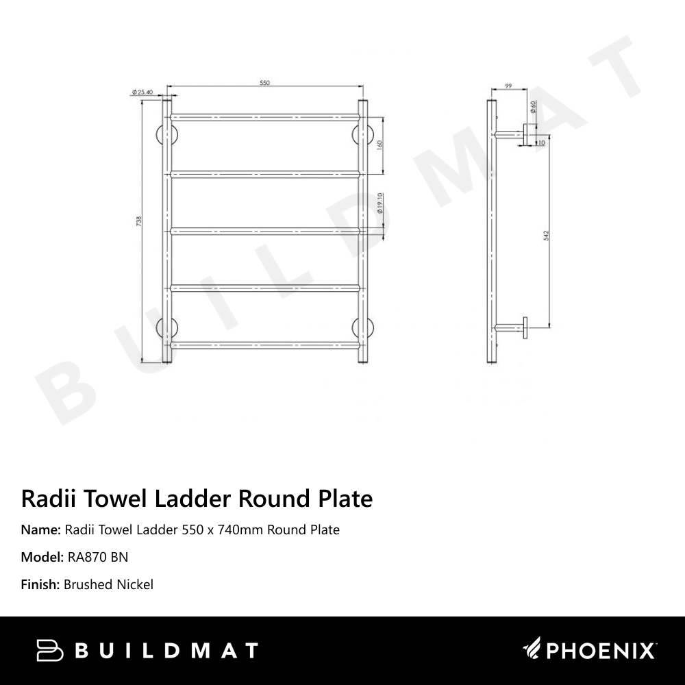 Radii Towel Ladder 550 x 740mm Round Plate Brushed Nickel