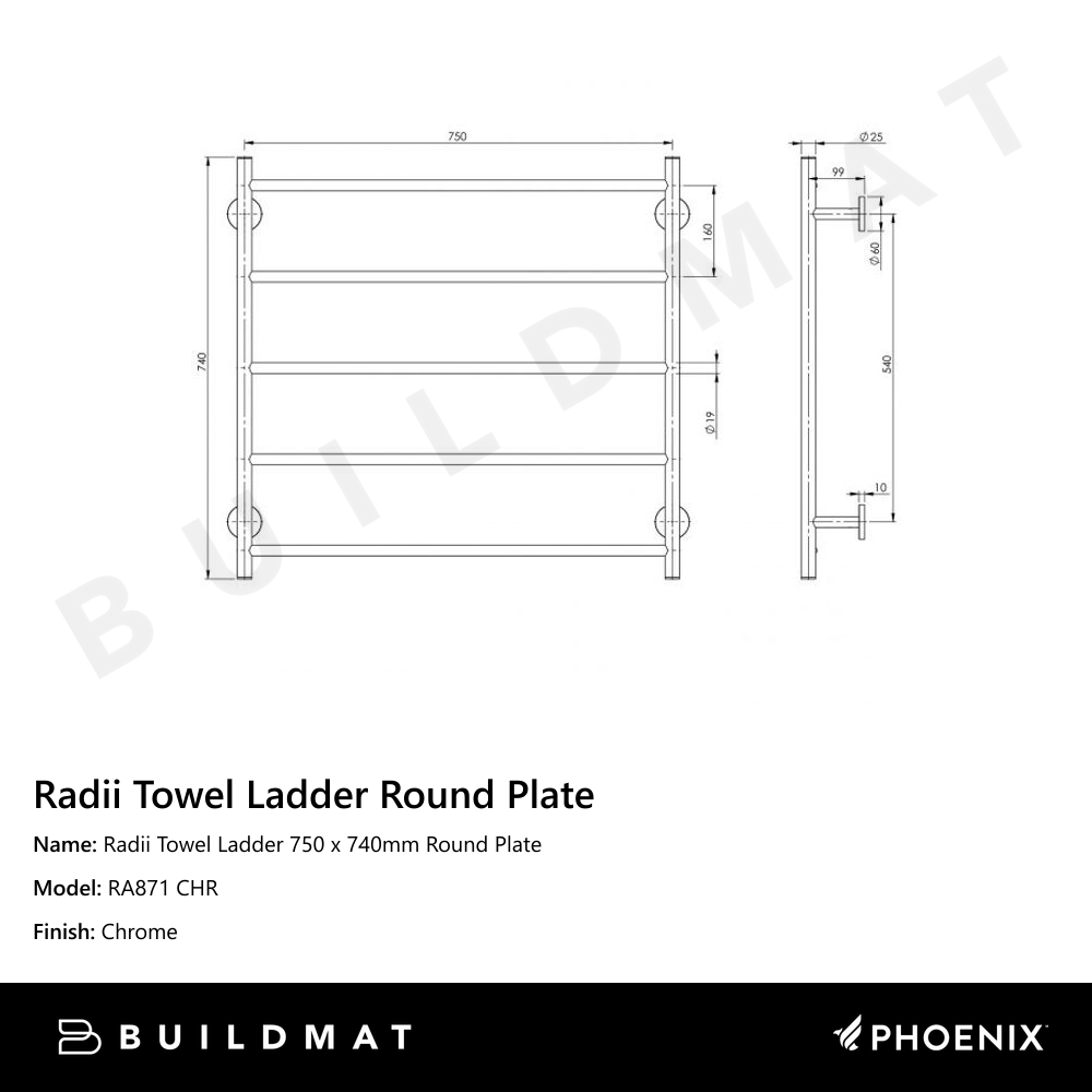 Radii Towel Ladder 750 x 740mm Round Plate Chrome