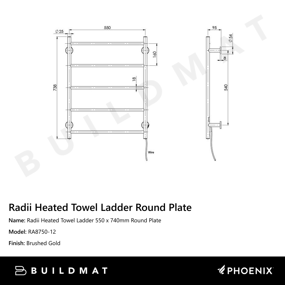 Radii Heated Towel Ladder 550 x 740mm Round Plate Brushed Gold