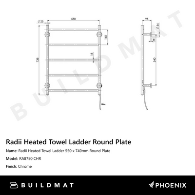 Radii Heated Towel Ladder 550 x 740mm Round Plate Chrome