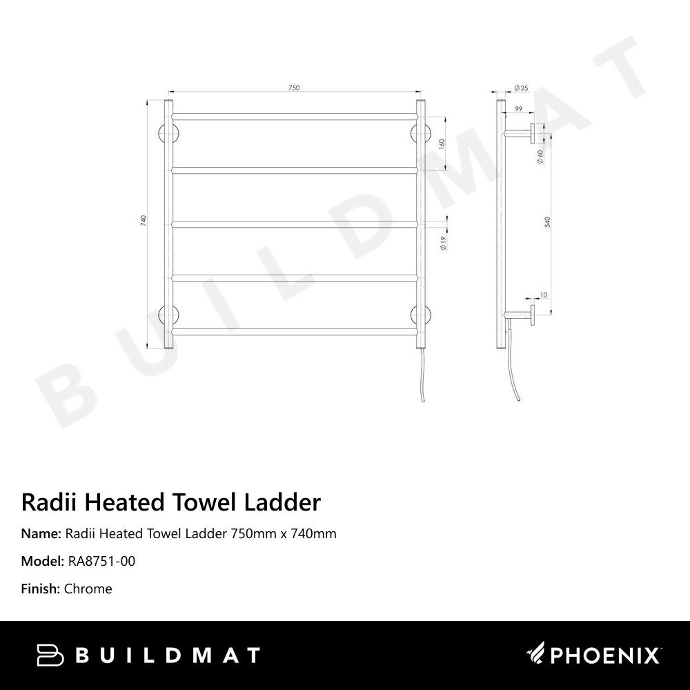 Radii Heated Towel Ladder 750mm x 740mm Chrome