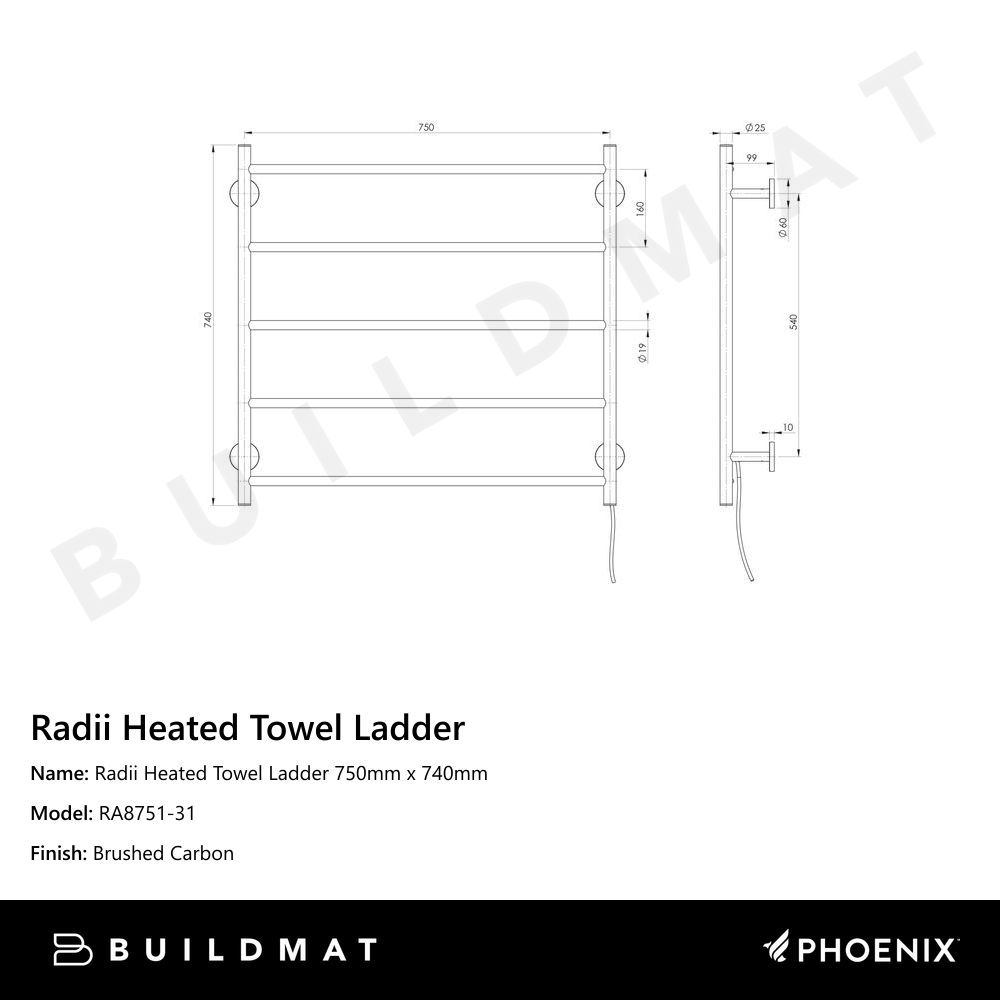 Radii Heated Towel Ladder 750mm x 740mm Brushed Carbon