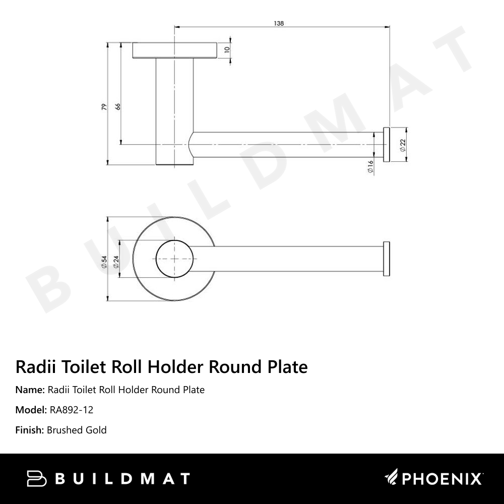 Radii Toilet Roll Holder Round Plate Brushed Gold