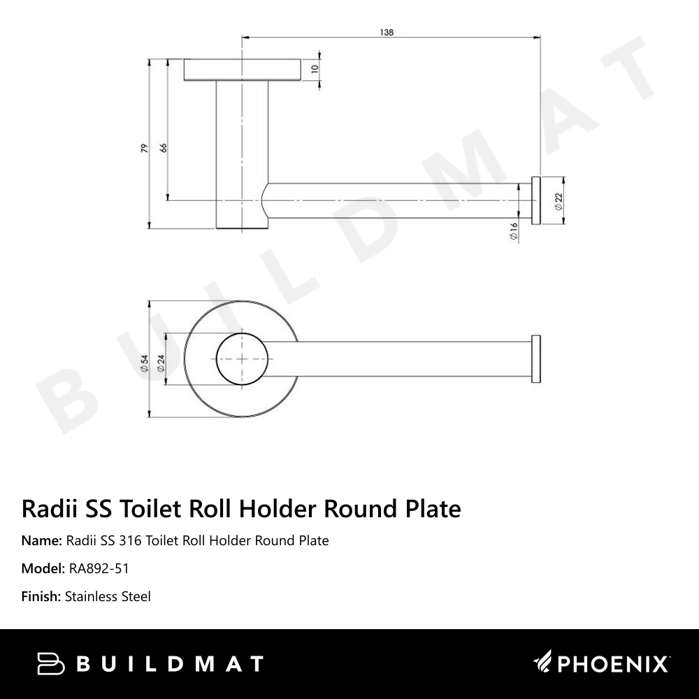 Radii SS 316 Toilet Roll Holder Round Plate Stainless Steel