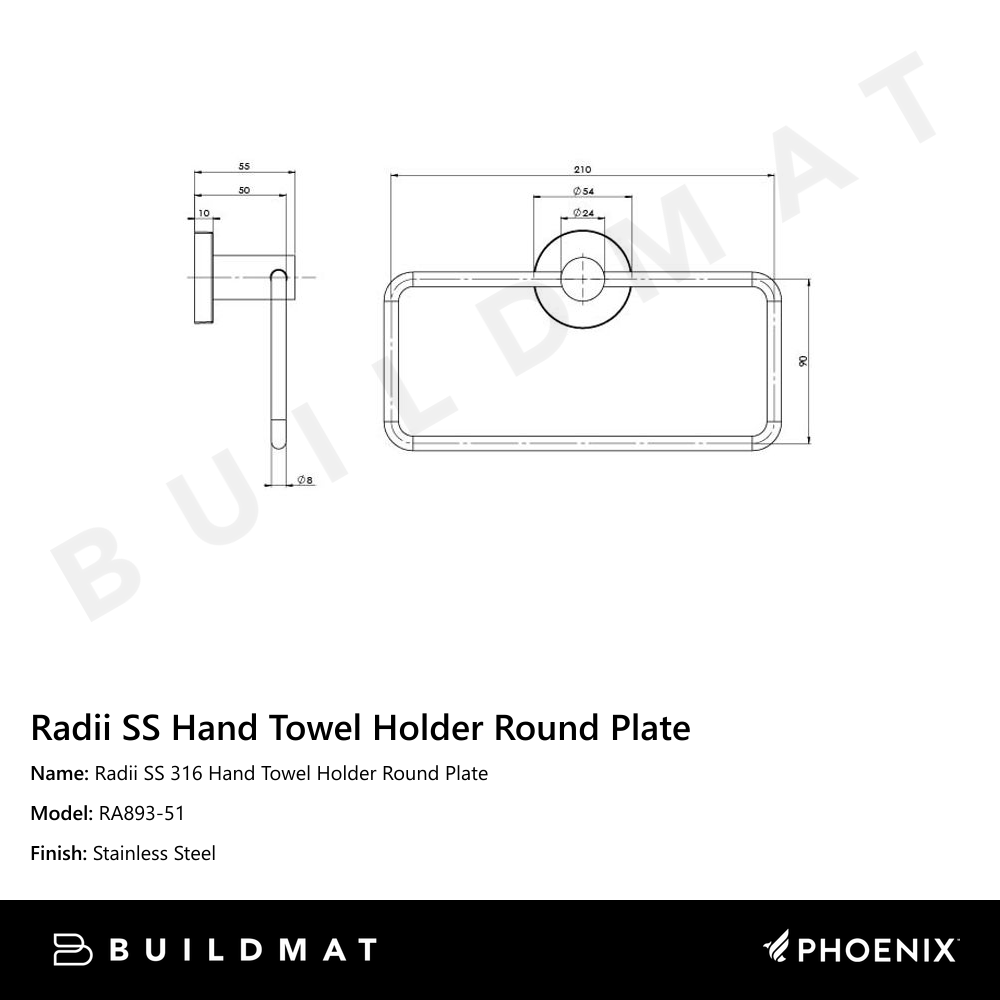 Radii SS 316 Hand Towel Holder Round Plate Stainless Steel