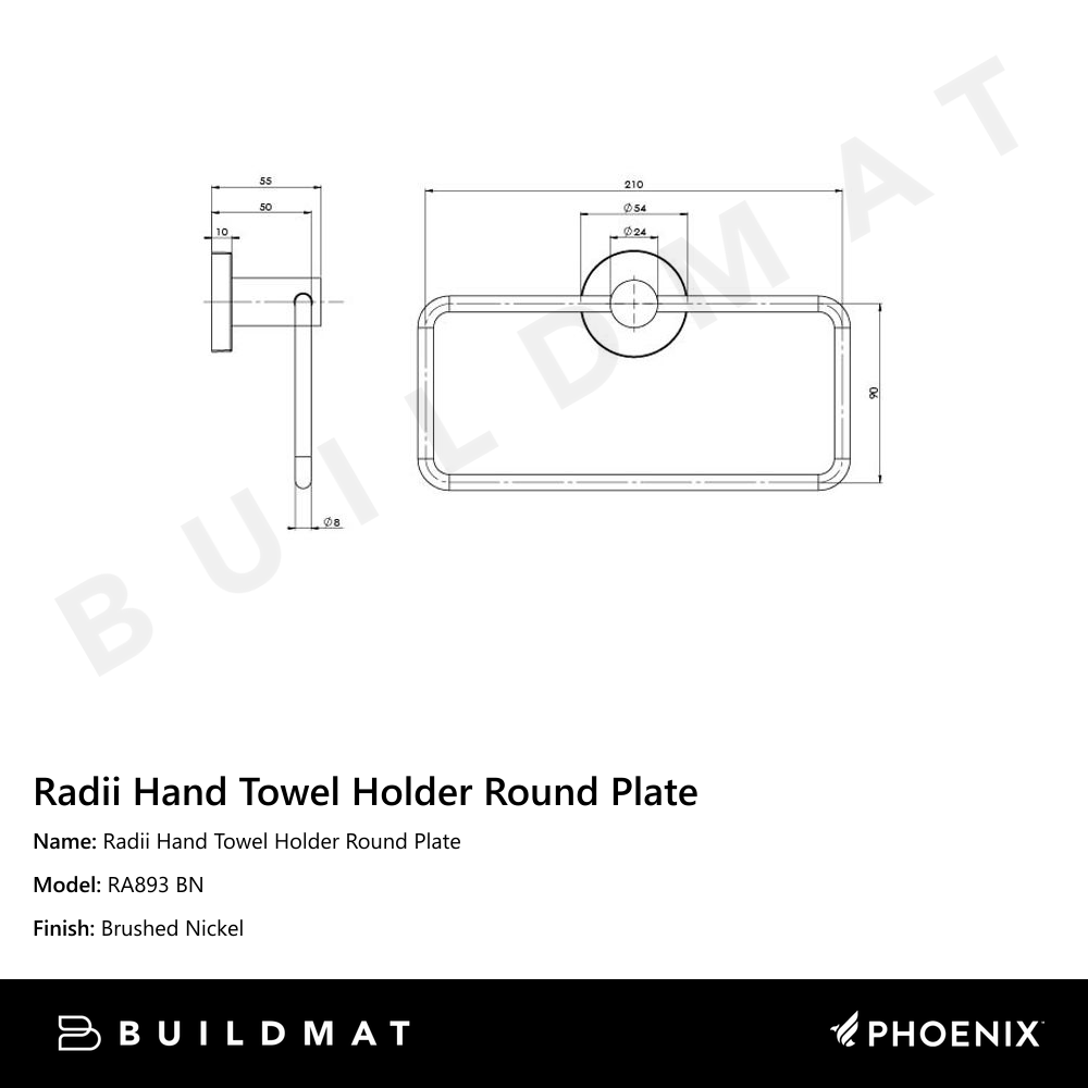 Radii Hand Towel Holder Round Plate Brushed Nickel