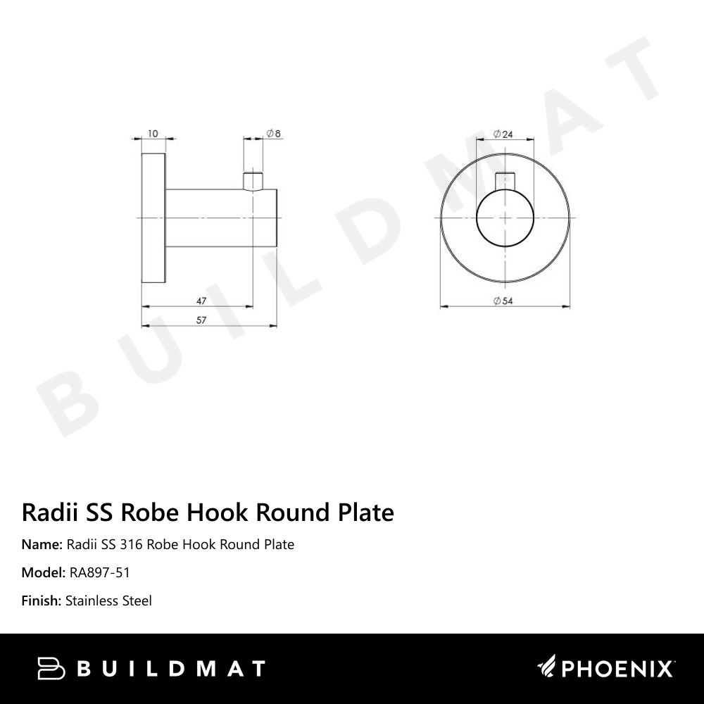 Radii SS 316 Robe Hook Round Plate Stainless Steel