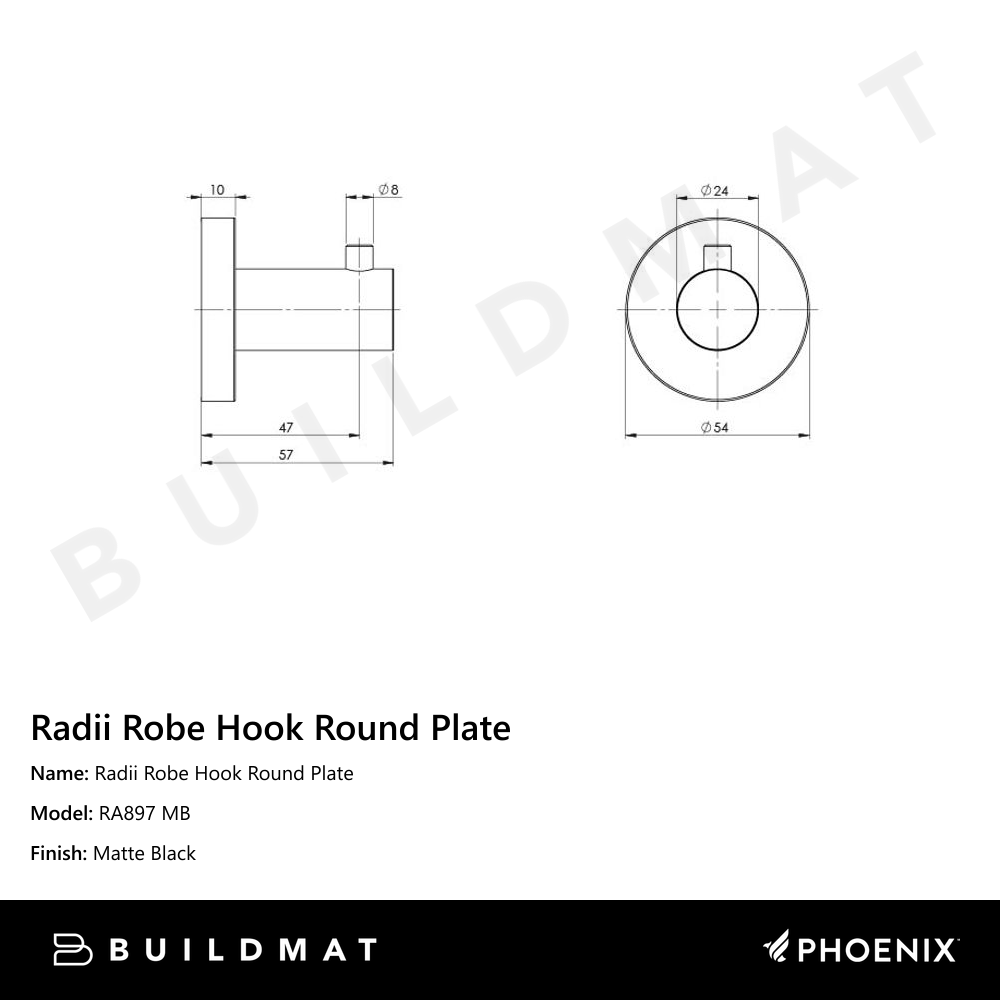 Radii Robe Hook Round Plate Matte Black