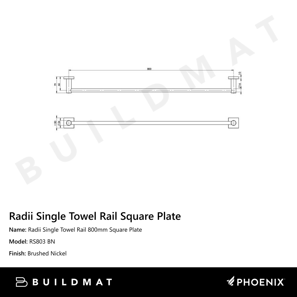 Radii Single Towel Rail 800mm Square Plate Brushed Nickel