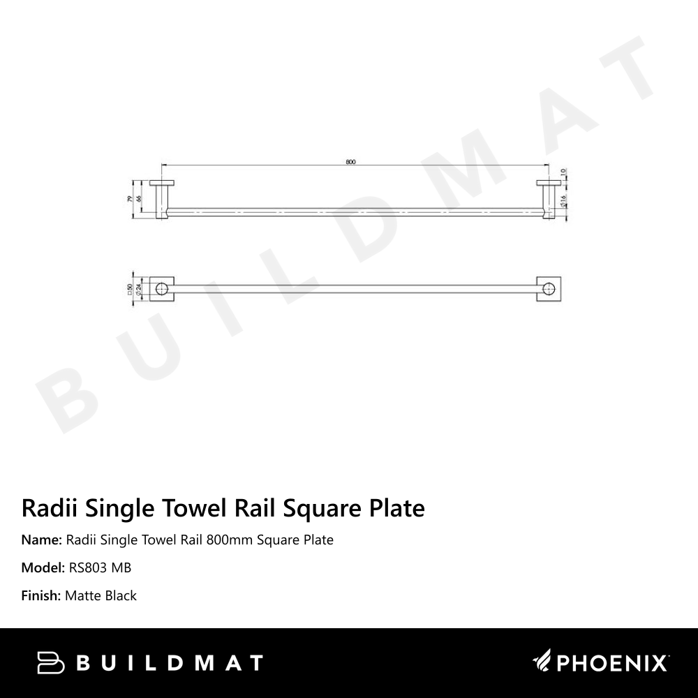 Radii Single Towel Rail 800mm Square Plate Matte Black