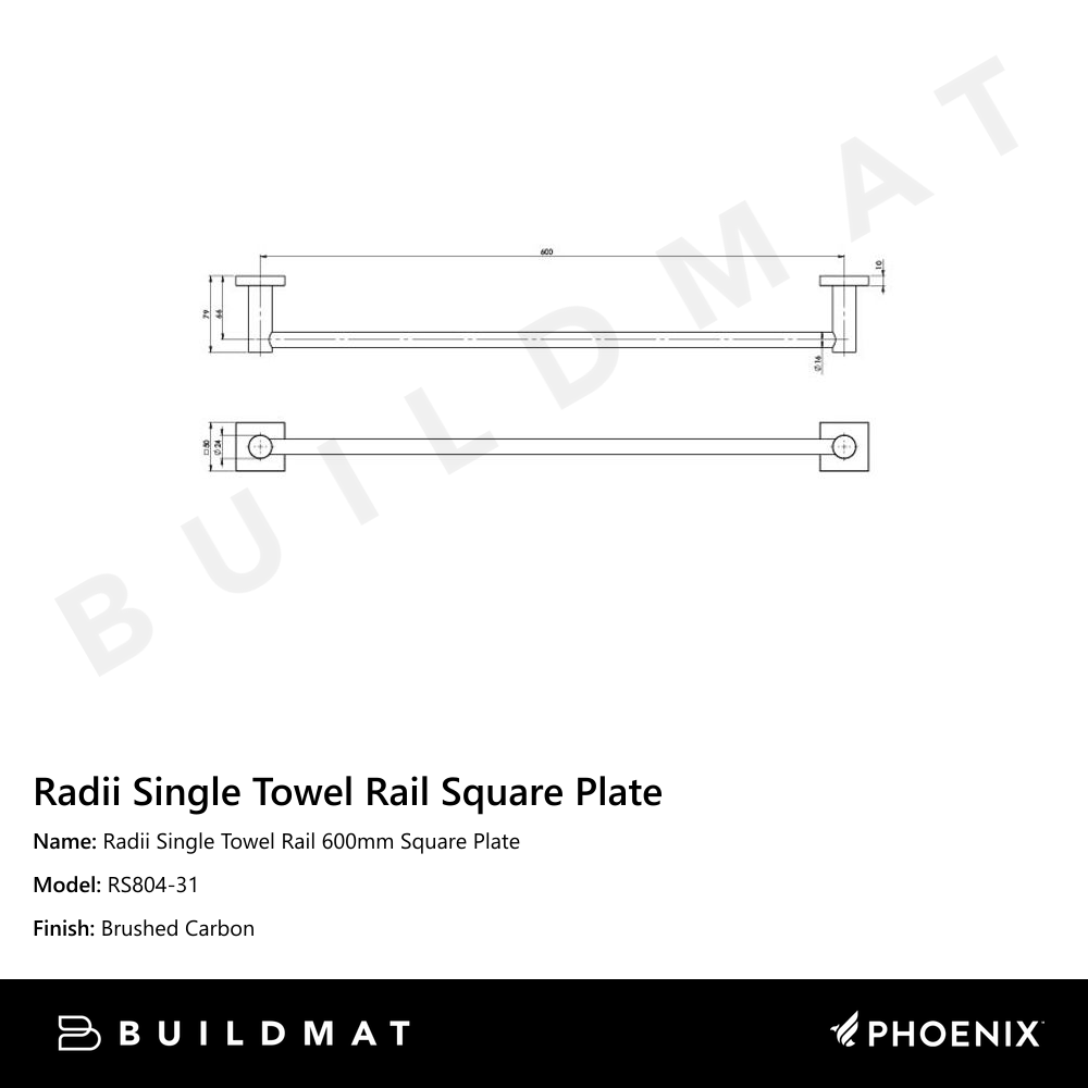 Radii Single Towel Rail 600mm Square Plate Brushed Carbon