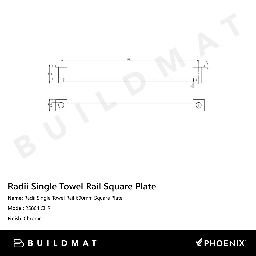 Radii Single Towel Rail 600mm Square Plate Chrome