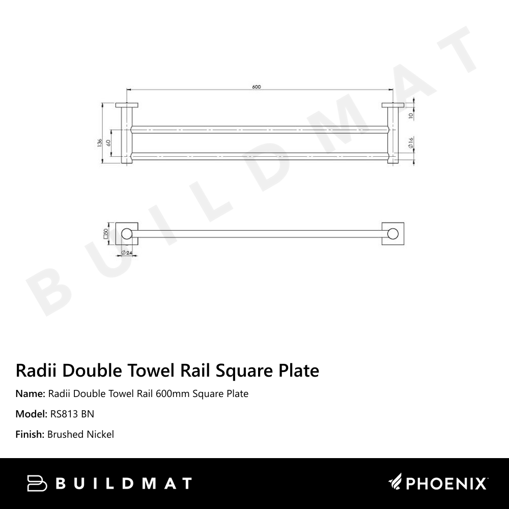 Radii Double Towel Rail 600mm Square Plate Brushed Nickel