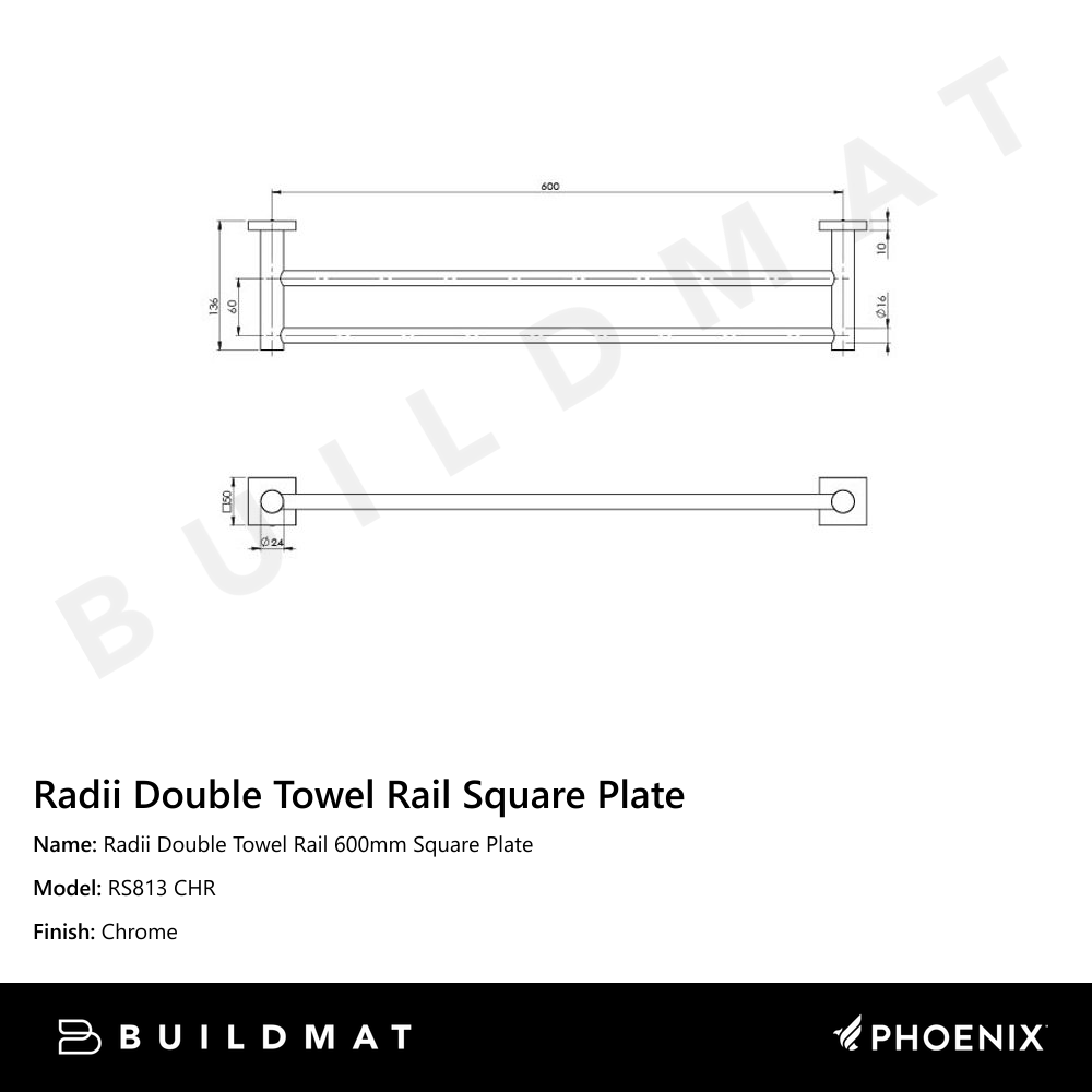 Radii Double Towel Rail 600mm Square Plate Chrome