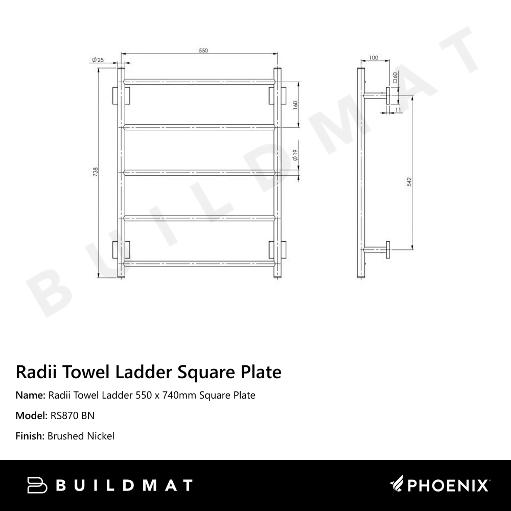 Radii Towel Ladder 550 x 740mm Square Plate Brushed Nickel