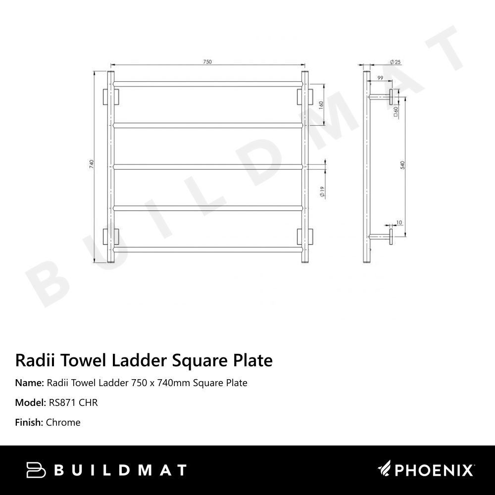 Radii Towel Ladder 750 x 740mm Square Plate Chrome