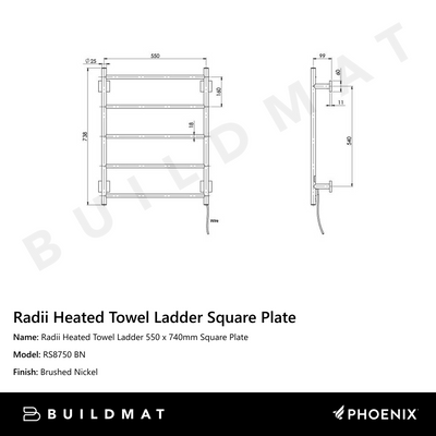 Radii Heated Towel Ladder 550 x 740mm Square Plate Brushed Nickel