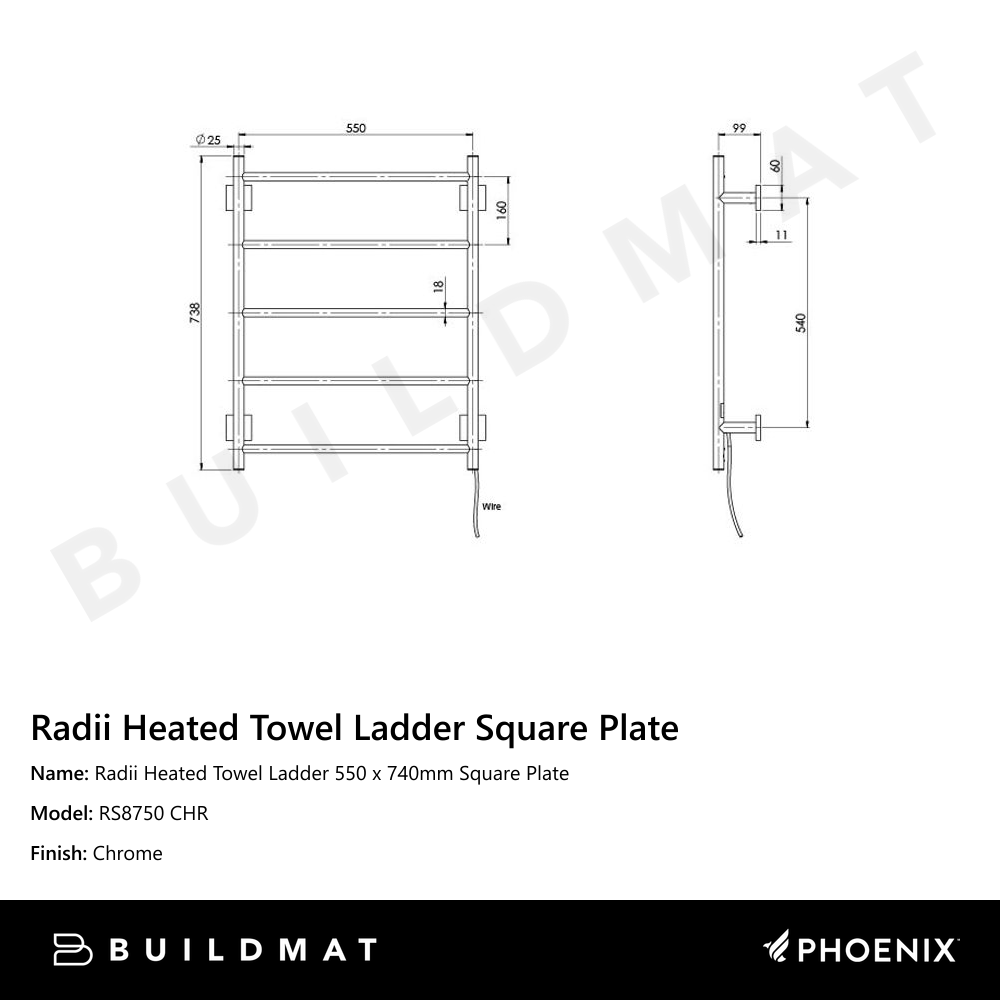 Radii Heated Towel Ladder 550 x 740mm Square Plate Chrome