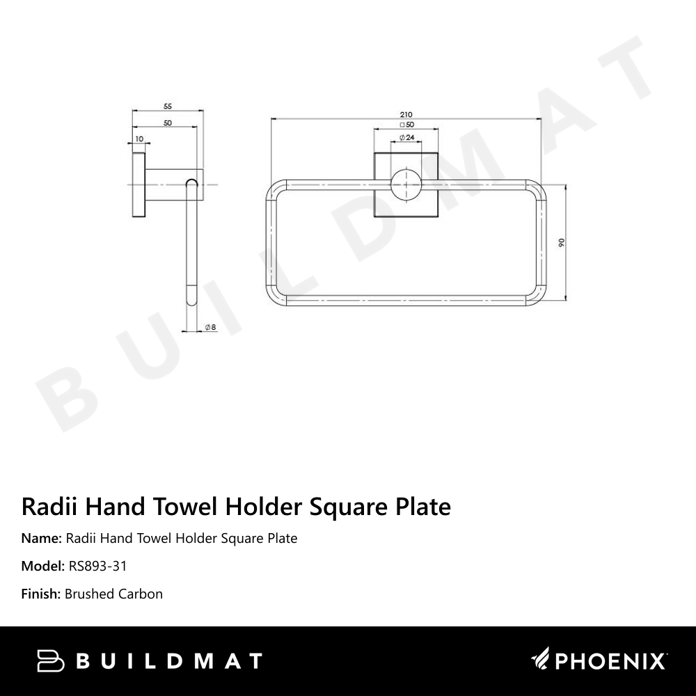 Radii Hand Towel Holder Square Plate Brushed Carbon