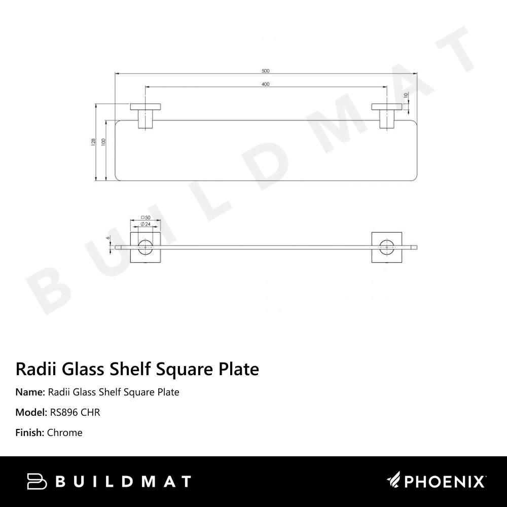 Radii Glass Shelf Square Plate Chrome