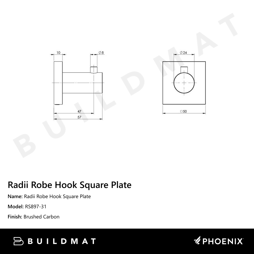 Radii Robe Hook Square Plate Brushed Carbon