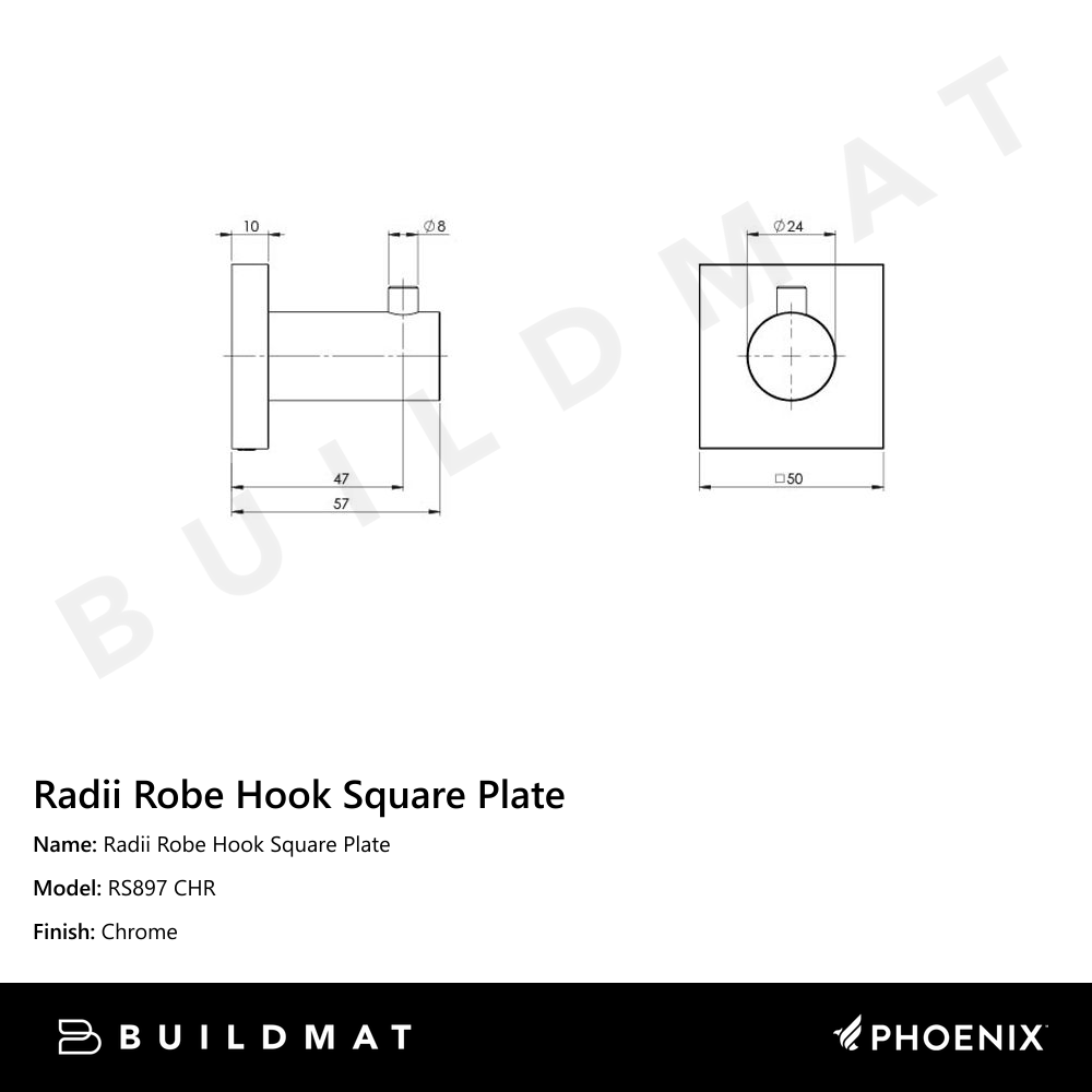 Radii Robe Hook Square Plate Chrome