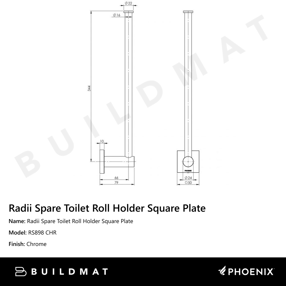 Radii Spare Toilet Roll Holder Square Plate Chrome