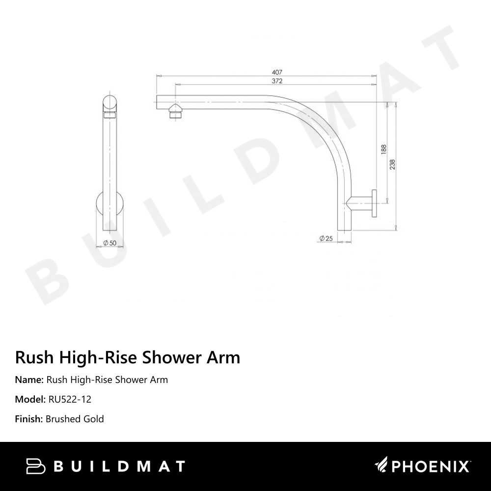 Rush High-Rise Shower Arm Brushed Gold