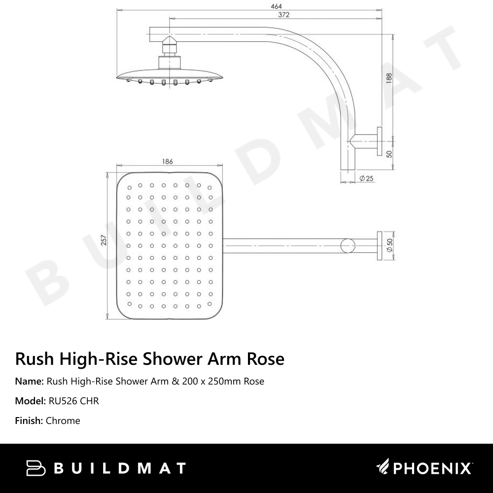 Rush High-Rise Shower Arm & 200 x 250mm Rose  Chrome