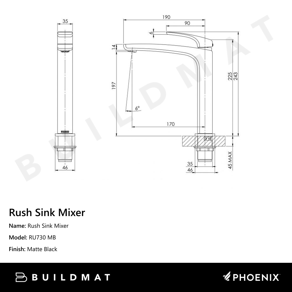 Rush Sink Mixer 190mm Matte Black