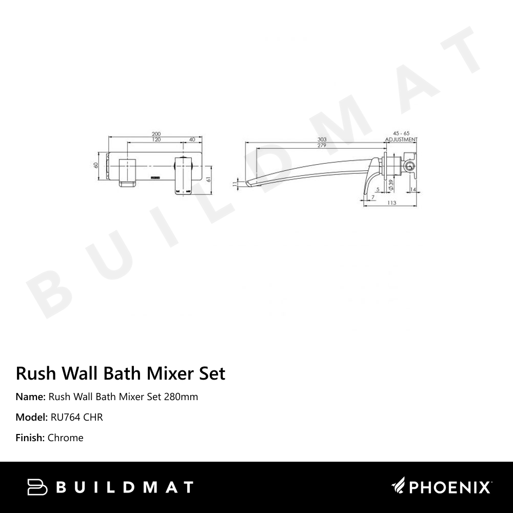 Rush Wall Bath Mixer Set 280mm Chrome