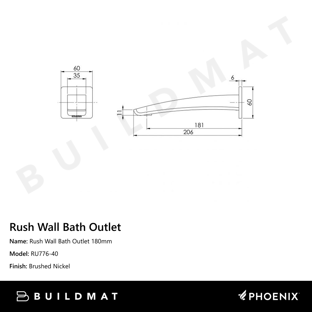 Rush Wall Bath Outlet 180mm Brushed Nickel