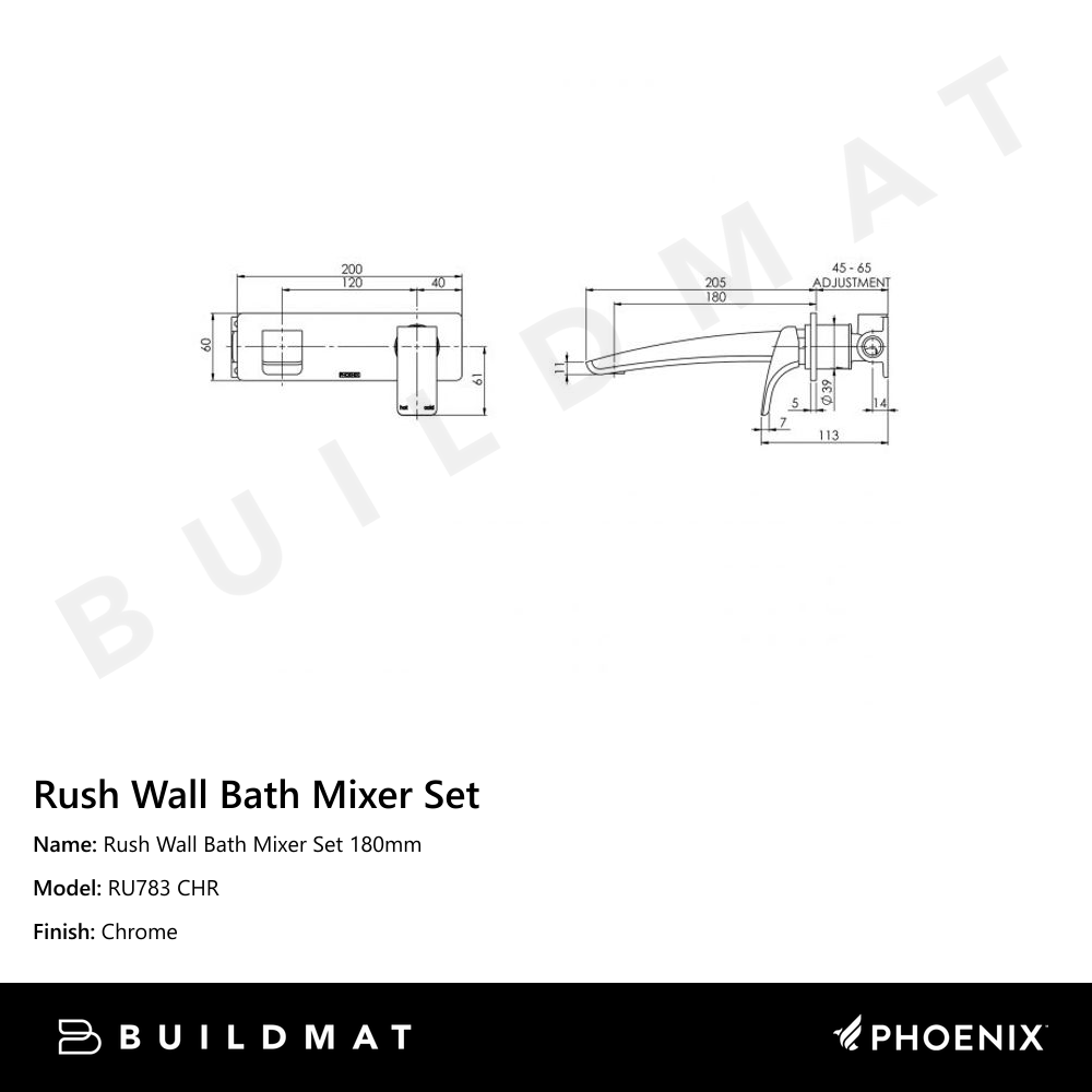 Rush Wall Bath Mixer Set 180mm Chrome