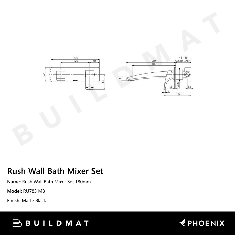 Rush Wall Bath Mixer Set 180mm Matte Black