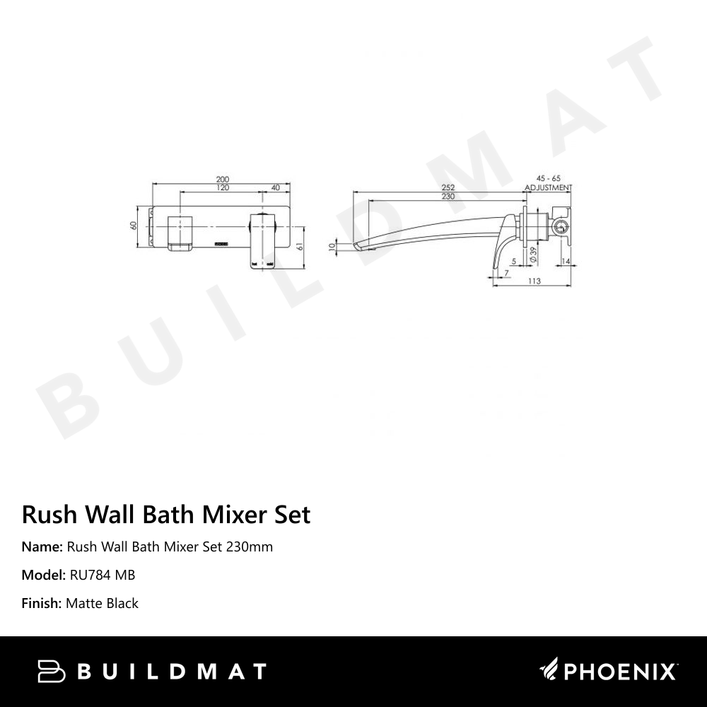 Rush Wall Bath Mixer Set 230mm Matte Black