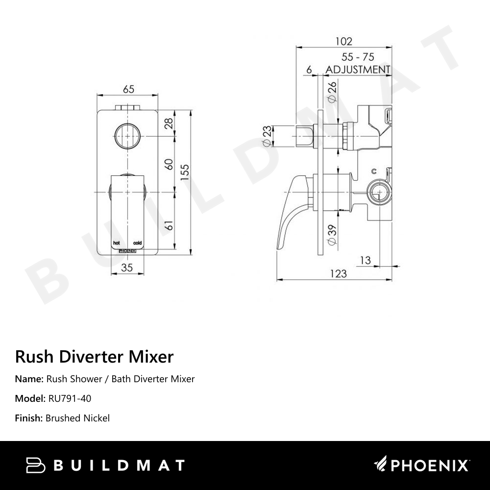 Rush Shower / Bath Diverter Mixer Brushed Nickel