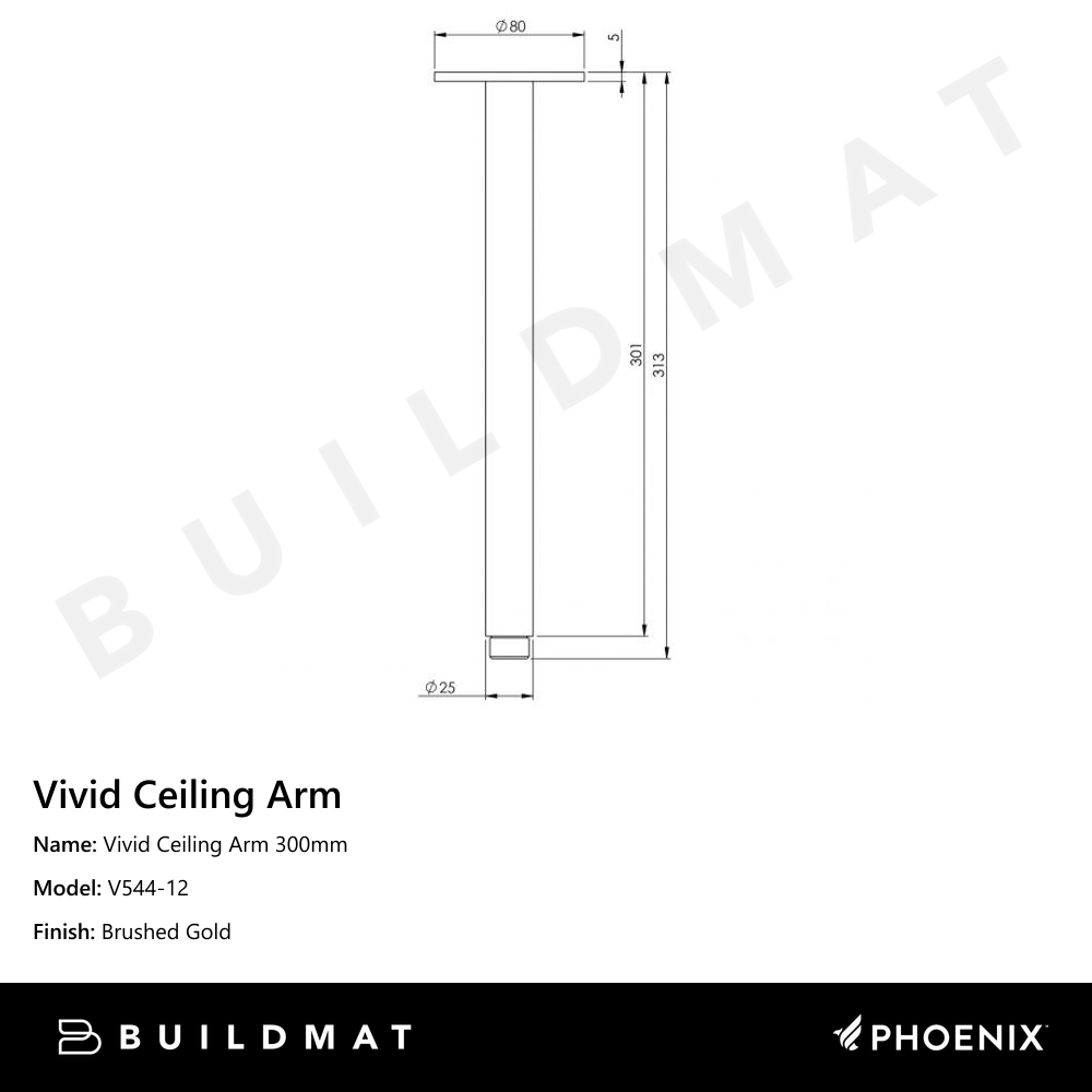 Vivid Ceiling Arm 300mm Brushed Gold