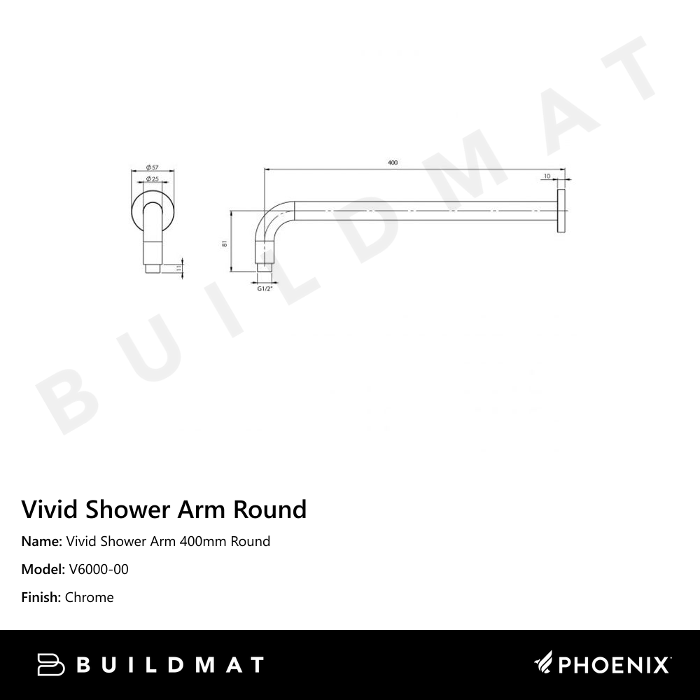 Vivid Shower Arm 400mm Round Chrome