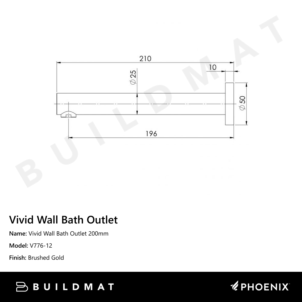 Vivid Wall Bath Outlet 200mm Brushed Gold