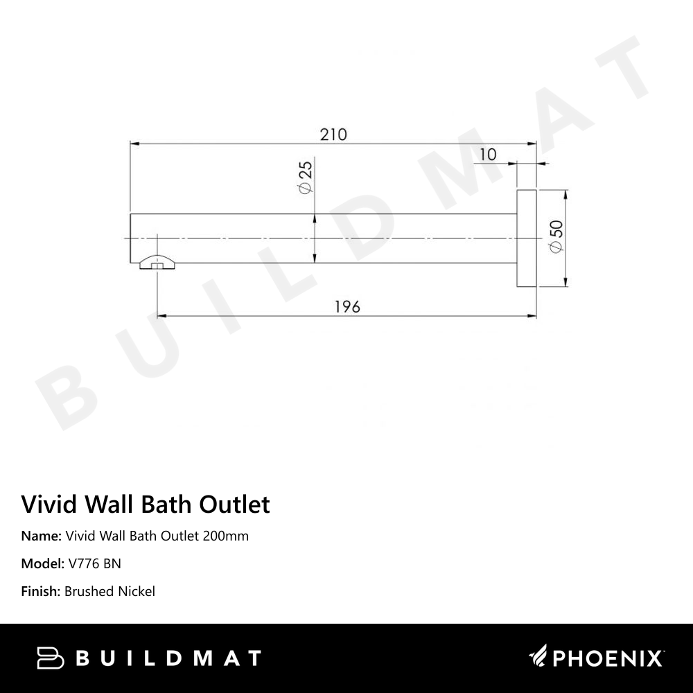 Vivid Wall Bath Outlet 200mm Brushed Nickel