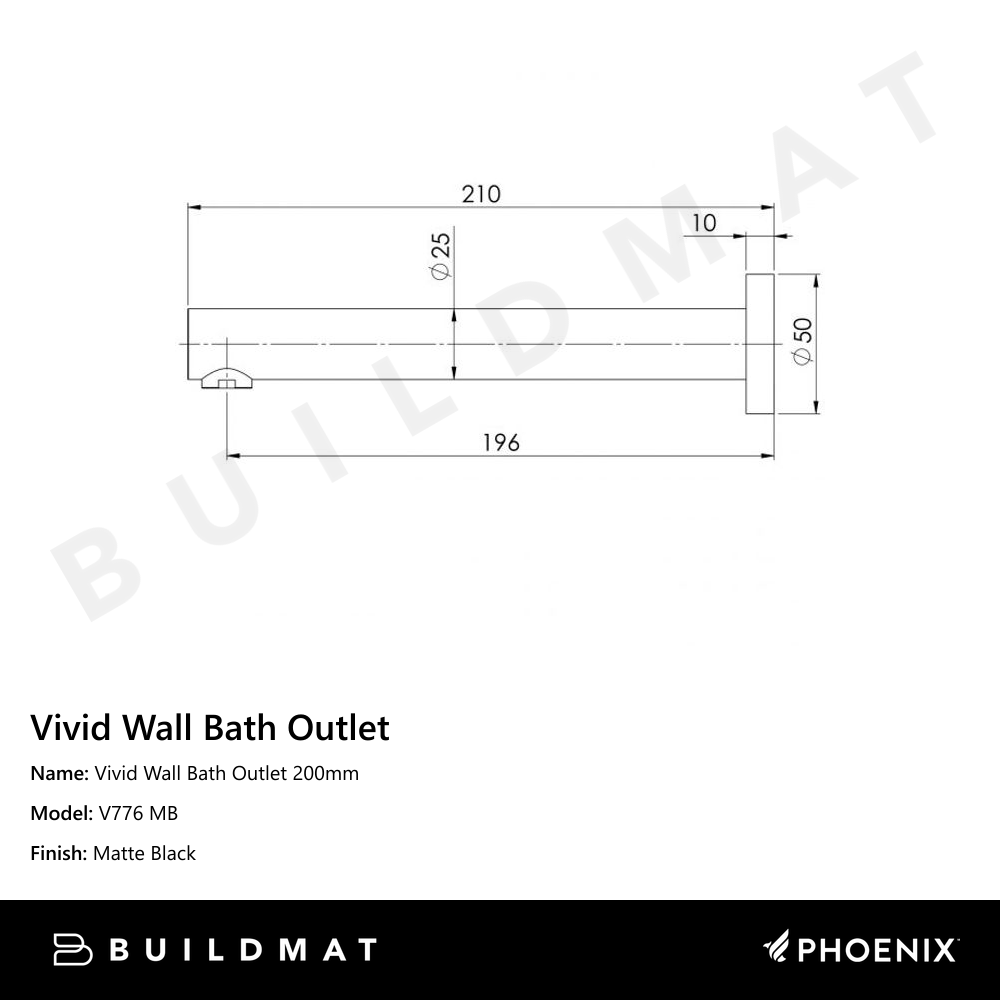 Vivid Wall Bath Outlet 200mm Matte Black