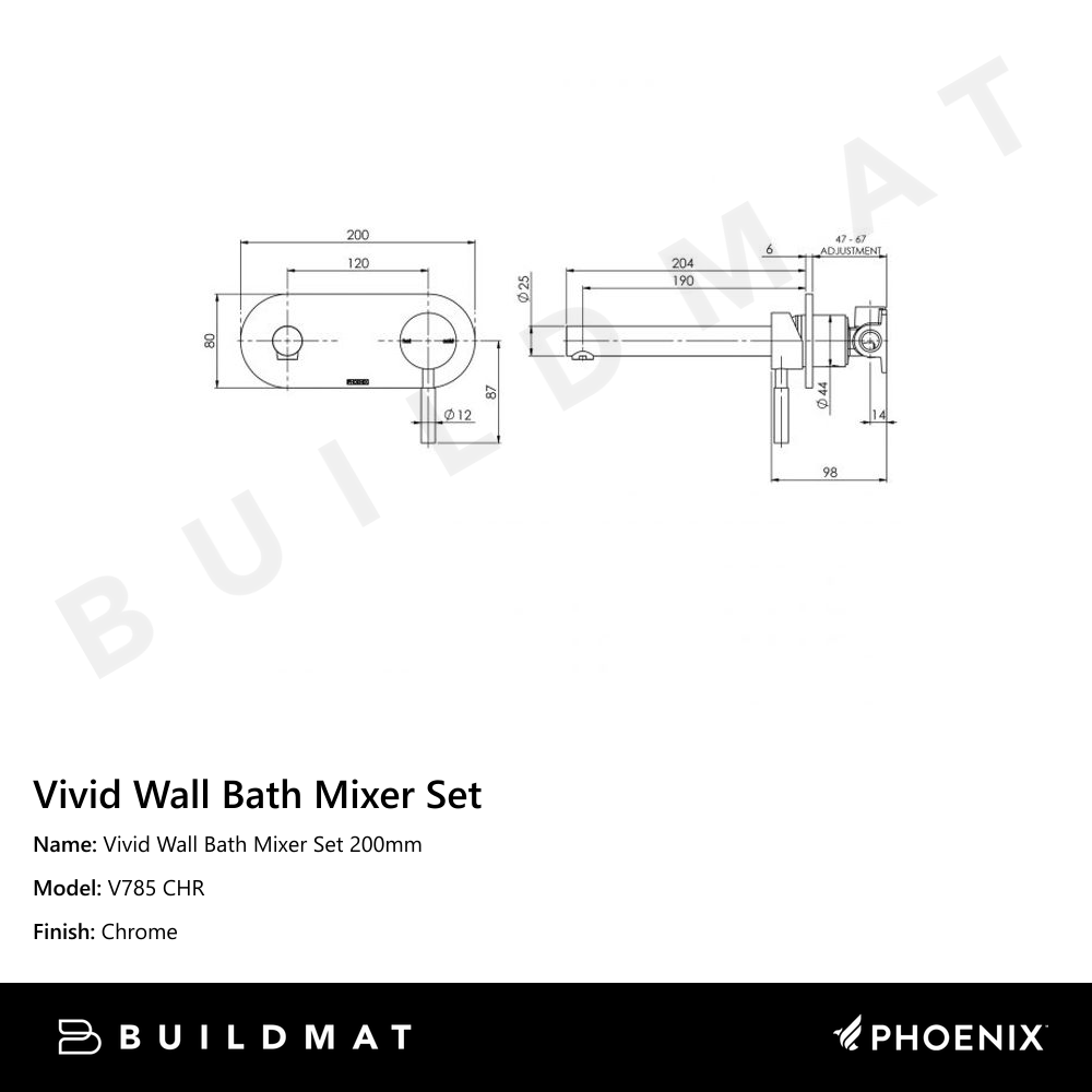 Vivid Wall Bath Mixer Set 200mm Chrome