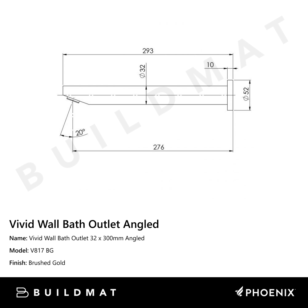 Vivid Wall Bath Outlet 32 x 300mm Angled Brushed Gold