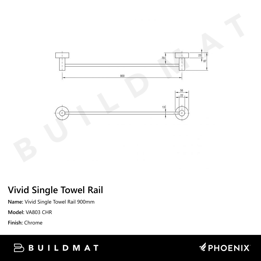 Vivid Single Towel Rail 900mm Chrome