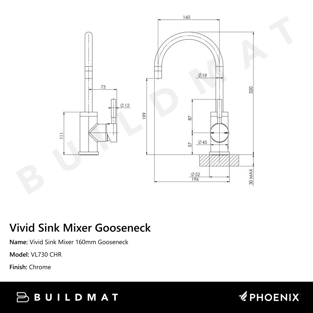 Vivid Sink Mixer 160mm Gooseneck Chrome