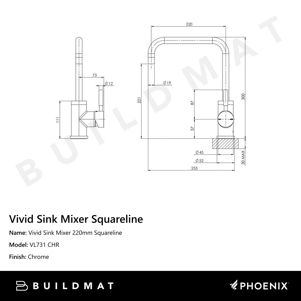 Vivid Sink Mixer 220mm Squareline Chrome